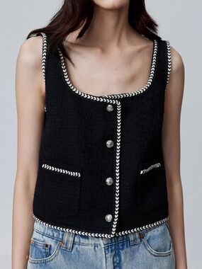 Fabrique Hailey Contrast Trim Vest in Herringbone Tweed Size S